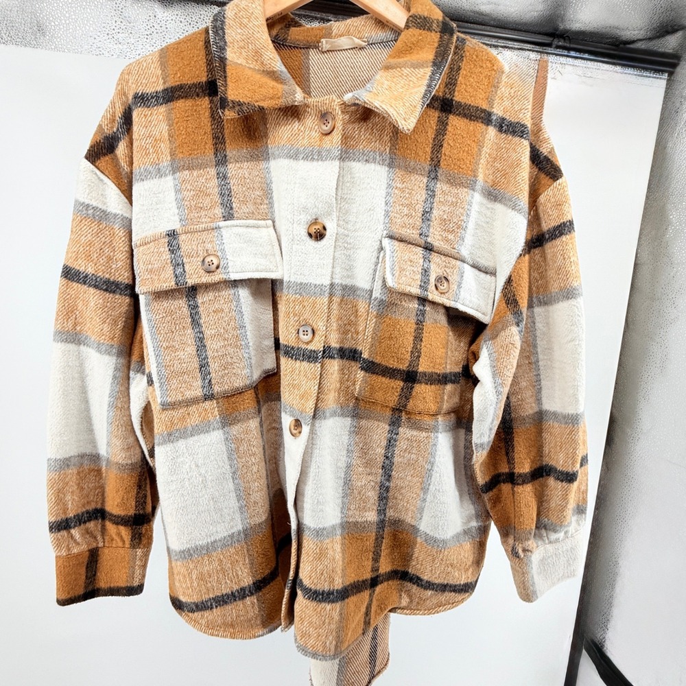 Altar'd State Plaid Shacket Mustard Yellow Cream XL ODDW319IMK Oversized Jacket